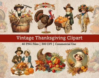 Lot de 40 cliparts vintage de haute qualité pour Thanksgiving, Images antiques rétro PNG, illustrations de vacances kitsch imprimables éphémères