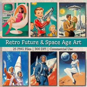 Bundle d'images futurisme rétro, futurisme vintage PNG, clipart moderne milieu du siècle des années 50 des années 60 80s intergalactique Sci Fi Art Print imprimable