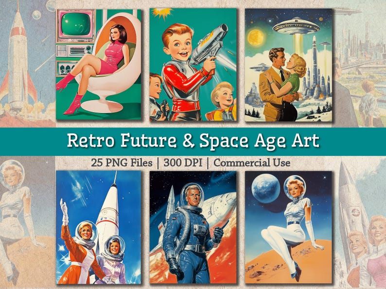 May include: A set of 25 digital illustrations featuring retro futuristic and space age themes. The illustrations include a woman in a pink dress sitting in a futuristic chair, a man and woman in space suits, a rocket ship, and a futuristic city.