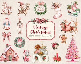 Lot de 50 cliparts Noël rose, images de Noël rétro vintage PNG pour sublimation, illustrations kitsch imprimables lunatiques vacances hiver