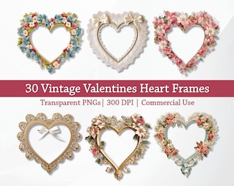 Vintage Valentine's Day Heart Frames Clipart PNG, Valentine Hearts Junk Journal, Printable Retro Scrapbooking, Heart Doily PNG, Ephemera