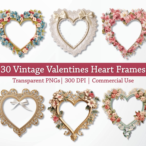 Vintage Valentine's Day Heart Frames Clipart PNG, Valentine Hearts Junk Journal, Printable Retro Scrapbooking, Heart Doily PNG, Ephemera