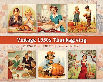 Vintage 1950s Thanksgiving Printable Images, Retro 50s Autumn Illustrations, Suburban Thanksgiving, Autumn Harvest, Clipart Image Bundle