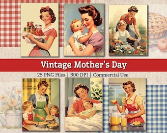 Vintage 1950s Mothers Caring Loving Image Bundle, Printable Retro 1950s Housewife PNG, Mother's Day Homemaking Clipart, Junk Journal Collage