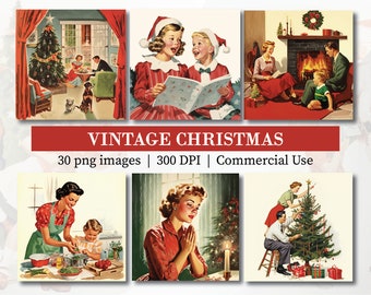 Images de Noël vintage des années 1950 Carte de voeux rétro Imprimable en téléchargement numérique instantané Kitsch vacances hiver PNG