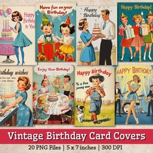 Copertine per biglietti di compleanno vintage Immagini artistiche di compleanno retrò Kitsch anni '50 anni '60 Biglietto di auguri PNG Junk Journal Ephemera Midcentury Download