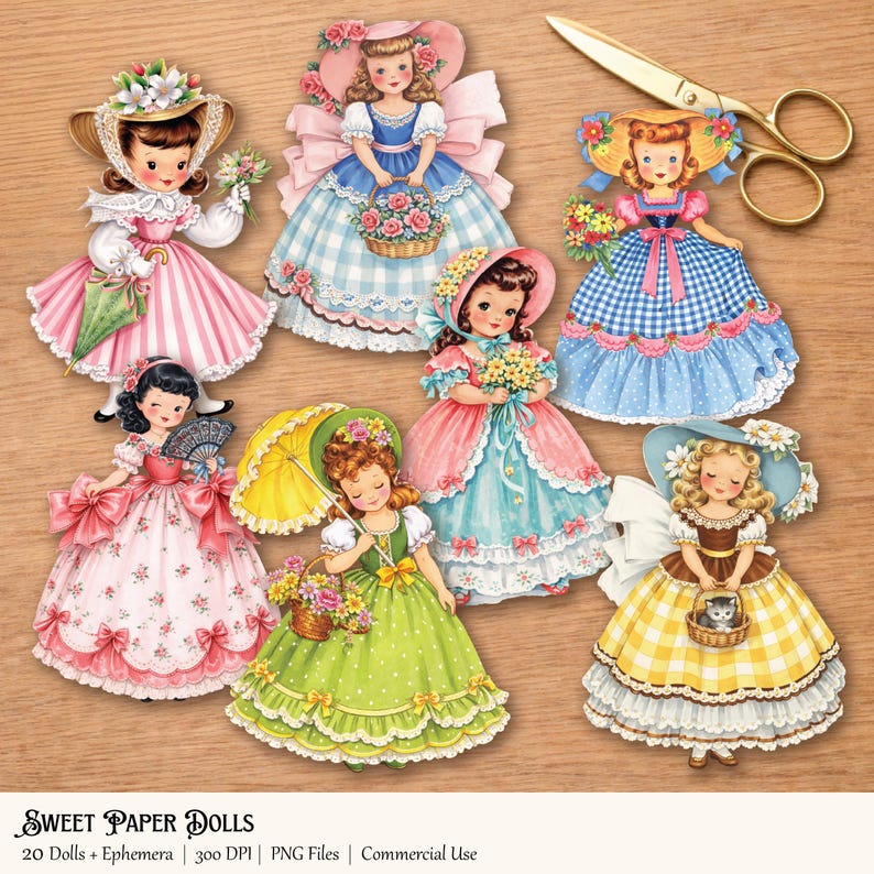 Puede incluir: Una colecci&oacute;n de mu&ntilde;ecas de papel vintage con varios vestidos y sombreros, sosteniendo flores, cestas y sombrillas. Las mu&ntilde;ecas son de color rosa, azul, amarillo y verde. Tijeras doradas a la derecha. El texto "SWEET PAPER DOLLS" est&aacute; en la parte inferior.