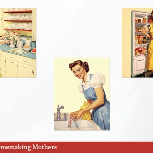 May include: Three vintage illustrations of women in a kitchen setting. The first image shows a woman in a red dress arranging flowers on a counter. The second image shows a woman in a blue dress washing dishes in a sink. The third image shows a woman in a yellow dress standing in front of a refrigerator.