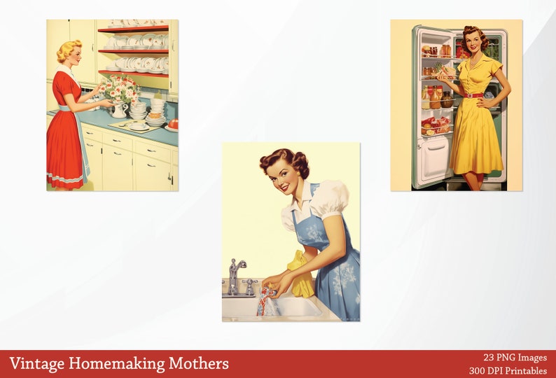 May include: Three vintage illustrations of women in a kitchen setting. The first image shows a woman in a red dress arranging flowers on a counter. The second image shows a woman in a blue dress washing dishes in a sink. The third image shows a woman in a yellow dress standing in front of a refrigerator.