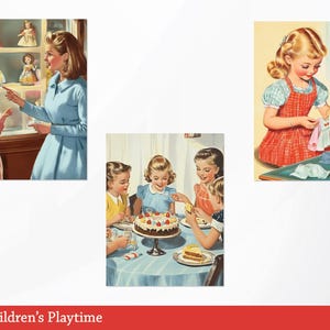 Puede incluir: Tres ilustraciones vintage de ni&ntilde;os jugando. La primera imagen muestra a una ni&ntilde;a con un vestido rosa mirando un escaparate de mu&ntilde;ecas con una mujer con un vestido azul. La segunda imagen muestra a cuatro ni&ntilde;as en una fiesta de cumplea&ntilde;os con un pastel decorado con glaseado rojo y blanco. La tercera imagen muestra a una ni&ntilde;a con un vestido rojo y blanco jugando con recortes de tela y mu&ntilde;ecas.