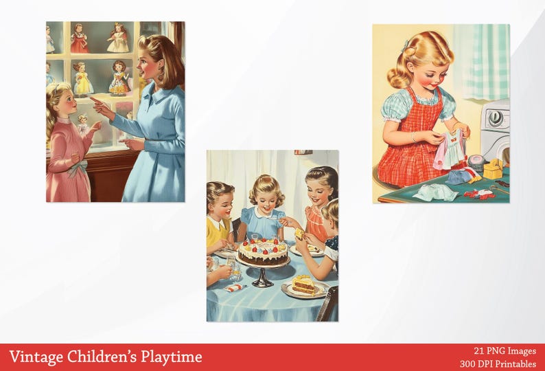 Puede incluir: Tres ilustraciones vintage de ni&ntilde;os jugando. La primera imagen muestra a una ni&ntilde;a con un vestido rosa mirando un escaparate de mu&ntilde;ecas con una mujer con un vestido azul. La segunda imagen muestra a cuatro ni&ntilde;as en una fiesta de cumplea&ntilde;os con un pastel decorado con glaseado rojo y blanco. La tercera imagen muestra a una ni&ntilde;a con un vestido rojo y blanco jugando con recortes de tela y mu&ntilde;ecas.
