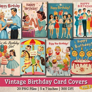 Portadas de tarjetas de cumpleaños antiguas Imágenes de arte de cumpleaños retro Kitsch Década de 1950 y 1960 Tarjeta de felicitación PNG Diario basura Efímera Mediados de siglo Descargar Vol. 2