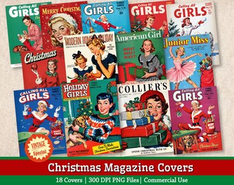 Couvertures de magazines féminins vintage, illustrations de Noël rétro (PNG), illustrations style pin-up des années 1950 et 1960