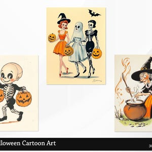 May include: A set of four vintage Halloween cartoon illustrations featuring a skeleton, a witch, a ghost, and a girl in a witch costume. Each illustration is in a separate frame and features a Halloween theme.