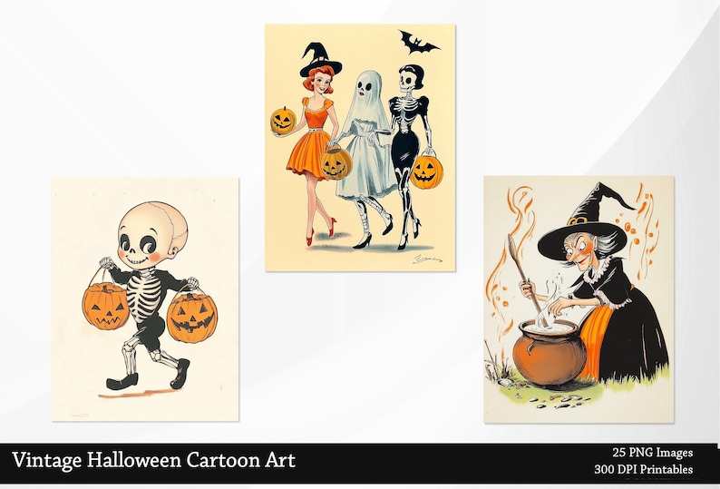 May include: A set of four vintage Halloween cartoon illustrations featuring a skeleton, a witch, a ghost, and a girl in a witch costume. Each illustration is in a separate frame and features a Halloween theme.