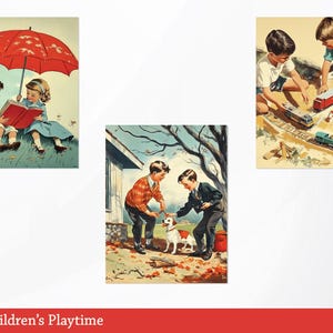 Puede incluir: Tres ilustraciones vintage de ni&ntilde;os jugando. La primera muestra a dos ni&ntilde;os sentados bajo una sombrilla roja leyendo un libro. La segunda muestra a dos ni&ntilde;os jugando con un perro en un patio con hojas de oto&ntilde;o. La tercera muestra a dos ni&ntilde;os jugando con trenes de juguete.