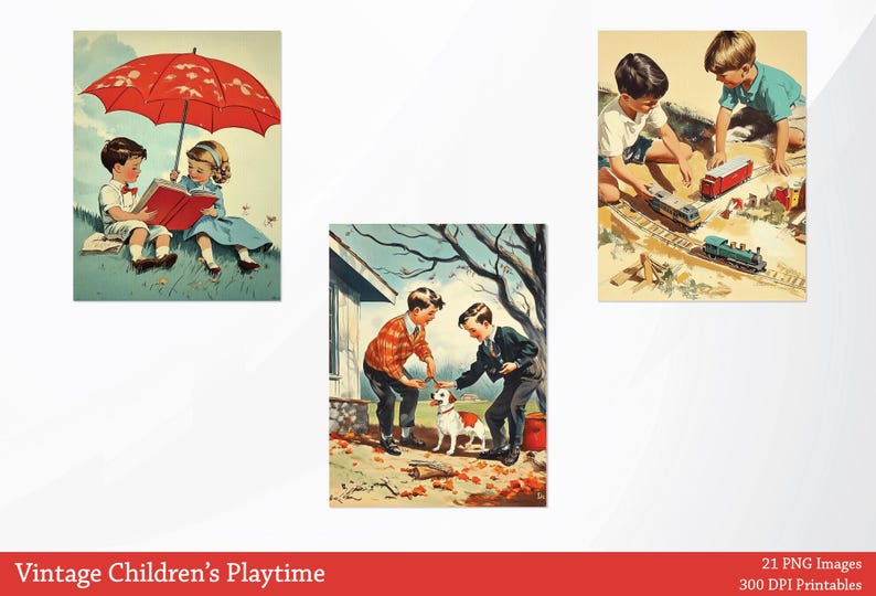 Puede incluir: Tres ilustraciones vintage de ni&ntilde;os jugando. La primera muestra a dos ni&ntilde;os sentados bajo una sombrilla roja leyendo un libro. La segunda muestra a dos ni&ntilde;os jugando con un perro en un patio con hojas de oto&ntilde;o. La tercera muestra a dos ni&ntilde;os jugando con trenes de juguete.