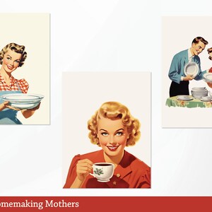 May include: Three vintage illustrations of women in 1950s style clothing. The first image shows a woman in a red and white checkered shirt and blue apron holding a white bowl. The second image shows a woman in a red dress holding a cup of coffee. The third image shows a couple in a kitchen setting, the woman is wearing a red dress with white polka dots and the man is wearing a blue shirt. They are both holding white plates.