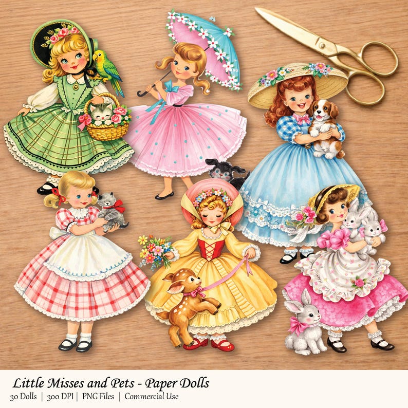 Spring Paper Dolls Little Miss Spring Paper Dolls With Pets, Vintage 1950s Retro Clipart ...