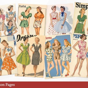 May include: A collection of 28 vintage fashion illustrations featuring women wearing dresses, skirts, and shorts. The illustrations are in black and white and color, and they are all set against a white background. The illustrations are from the 1940s and 1950s, and they are a great example of the fashion of that era.