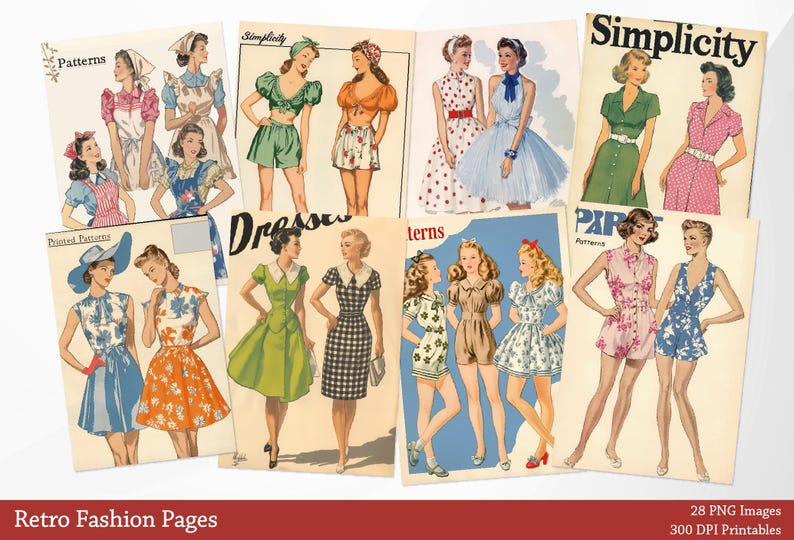 May include: A collection of 28 vintage fashion illustrations featuring women wearing dresses, skirts, and shorts. The illustrations are in black and white and color, and they are all set against a white background. The illustrations are from the 1940s and 1950s, and they are a great example of the fashion of that era.
