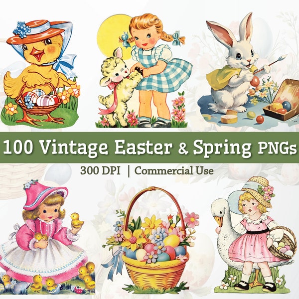 100 High-Quality Vintage 1950s Easter Clipart Bundle, Easter Digital Download, Spring PNG, Retro Easter PNG, Bunny Clipart, Easter Ephemera