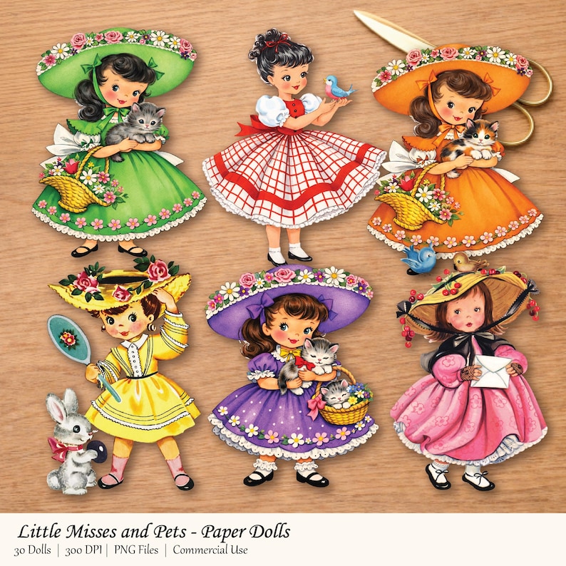 Spring Paper Dolls Little Miss Spring Paper Dolls With Pets, Vintage 1950s Retro Clipart ...
