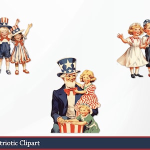 May include: Vintage patriotic clipart featuring illustrations of children in red, white, and blue outfits, and Uncle Sam. The children are waving and smiling. The text "Vintage Patriotic Clipart" is at the bottom.