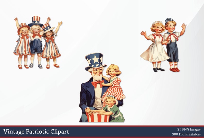 May include: Vintage patriotic clipart featuring illustrations of children in red, white, and blue outfits, and Uncle Sam. The children are waving and smiling. The text "Vintage Patriotic Clipart" is at the bottom.