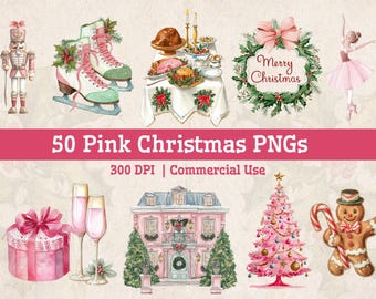 50 Pink Christmas Clipart Bundle, Vintage Retro Xmas Images PNG for Sublimation, Printable Kitsch Whimsical Holiday Winter Illustrations