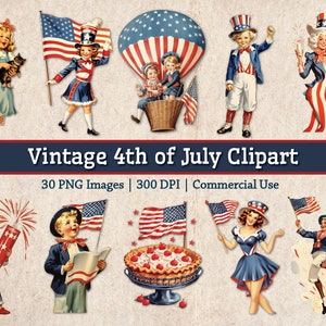Vintage 4 juillet Clipart Bundle fête patriotique de l'indépendance des Etats-Unis d'Amérique, Images de la journée du drapeau rétro, graphiques imprimables Americana Junk Journal