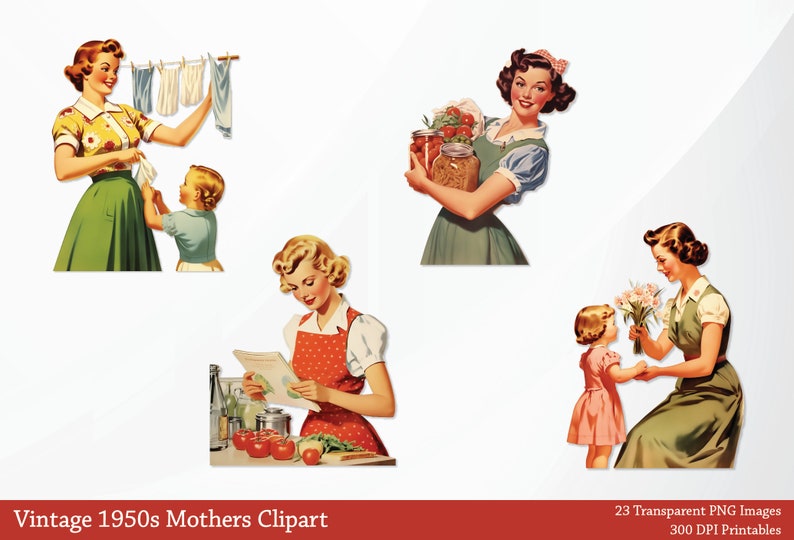 May include: Four vintage illustrations of mothers in various domestic settings. The illustrations are in a retro style with bright colors and a cheerful tone. The mothers are depicted doing various tasks, such as hanging laundry, holding groceries, reading a cookbook, and giving flowers to a child.