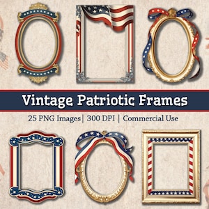 Vintage 4. Juli Rahmen PNG, Retro Vaterländische Clipart-Bundle, Unabhängigkeitstag Amerikanische Flagge Tag Rahmen Grenzen Grafiken Junk Journal