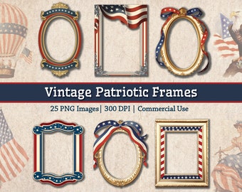 Vintage 4th Of July Frames PNG, Retro Patriotic Clipart Bundle, Independence Day American Flag Day Frames Borders Graphics Junk Journal