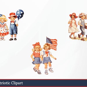 May include: Vintage patriotic clipart featuring children in red, white, and blue attire. The illustrations include children holding balloons, marching with a drum and flag, and walking together. The bottom of the image has the text "Vintage Patriotic Clipart".