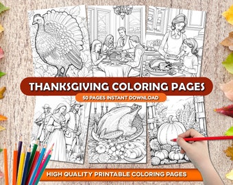 50 páginas para colorear de Acción de Gracias / Páginas para colorear de otoño imprimibles para adultos y niños / Descarga instantánea / Actividad de Acción de Gracias
