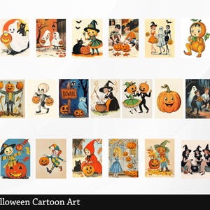 May include: A set of 25 vintage Halloween cartoon illustrations featuring pumpkins, ghosts, witches, and other spooky characters. The illustrations are in a colorful cartoon style and are perfect for adding a touch of whimsy to your Halloween decorations.