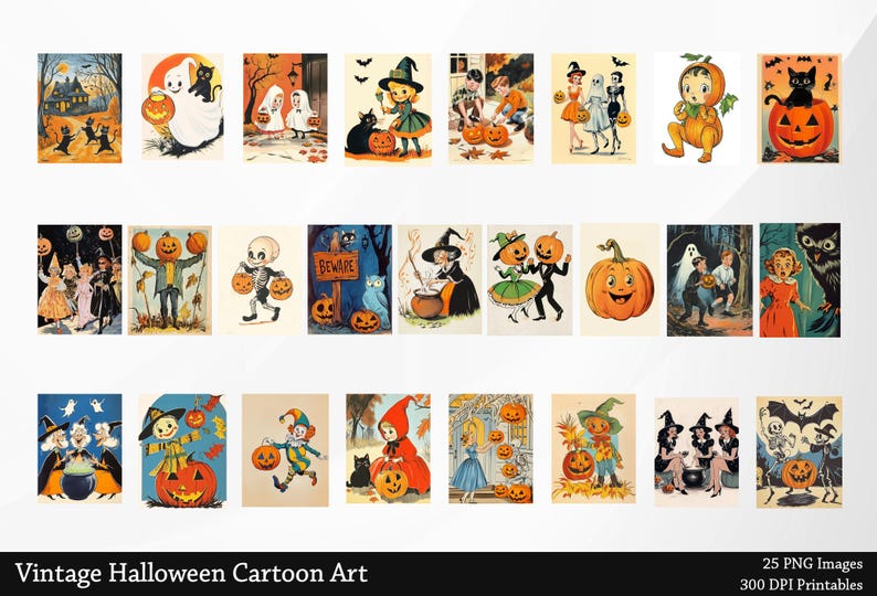 May include: A set of 25 vintage Halloween cartoon illustrations featuring pumpkins, ghosts, witches, and other spooky characters. The illustrations are in a colorful cartoon style and are perfect for adding a touch of whimsy to your Halloween decorations.