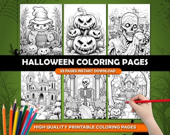 25 páginas para colorear de Halloween de terror, páginas imprimibles de calaveras de calabaza góticas y macabras, dibujos para colorear en escala de grises para adultos, descarga instantánea