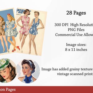 May include: A set of 28 printable retro fashion pages featuring illustrations of women in vintage clothing. The pages are 8 inches by 11 inches and are 300 DPI. The images have a grainy texture to emulate vintage scanned prints.