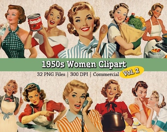 Vintage 1950s Women Image Bundle Vol. 2, Printable Retro 1950s Ladies Housewife PNG, Housekeeping Homemaking Clipart, Junk Journal Collage
