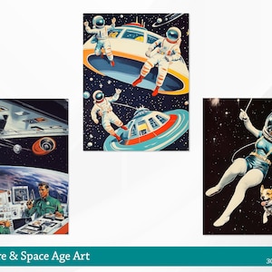 May include: A set of three vintage space-themed illustrations. The first image shows a spaceship with two astronauts in space. The second image shows a spaceship with an astronaut in space. The third image shows a woman in a spacesuit with a dog in a spacesuit.