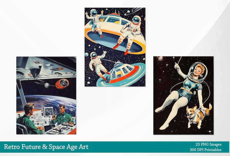 May include: A set of three vintage space-themed illustrations. The first image shows a spaceship with two astronauts in space. The second image shows a spaceship with an astronaut in space. The third image shows a woman in a spacesuit with a dog in a spacesuit.