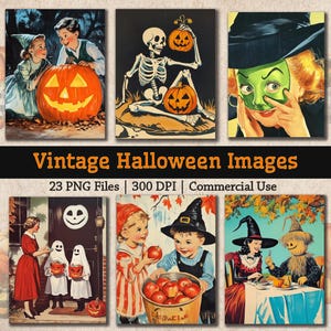 Paquete de imágenes vintage de Halloween, impresiones artísticas retro de Halloween PNG, imágenes prediseñadas de truco o trato, collage de diario basura espeluznante de los años 1950 y 1960 para imprimir