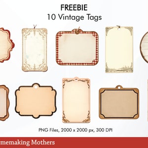 May include: Ten vintage style printable tags with various designs, including a red and white gingham pattern, ornate frames, and a circular tag with lines. The tags are all blank and ready to be customized.