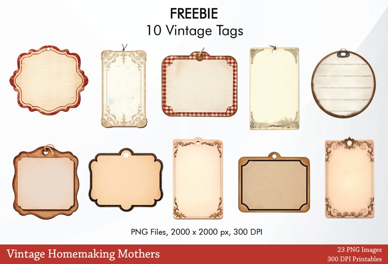May include: Ten vintage style printable tags with various designs, including a red and white gingham pattern, ornate frames, and a circular tag with lines. The tags are all blank and ready to be customized.