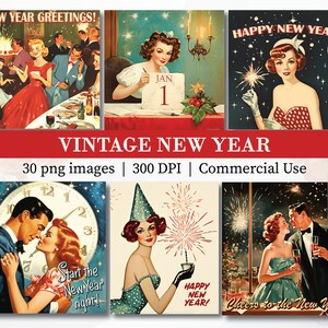 Immagini stampabili di felice anno nuovo vintage degli anni '50, clipart retrò di felice anno nuovo, cartolina d'auguri di Kitsch Holiday Winter Scrapbook Junk Journal PNG