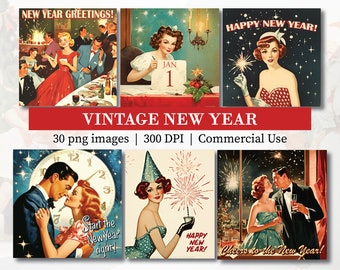 1950年代風のヴィンテージな新年あけましておめでとうございますの印刷可能な画像、レトロな新年あけましておめでとうございますのクリップアート、キッチュなホリデー冬のスクラップブック、ジャンクジャーナルのグリーティングカードPNG