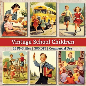 Vintage Schulkinder 1950er Jahre Bild Bundle, druckbare Retro Clipart, Back to Schule PNG, Schüler und Lehrer Bilder, Junk Journal Collage