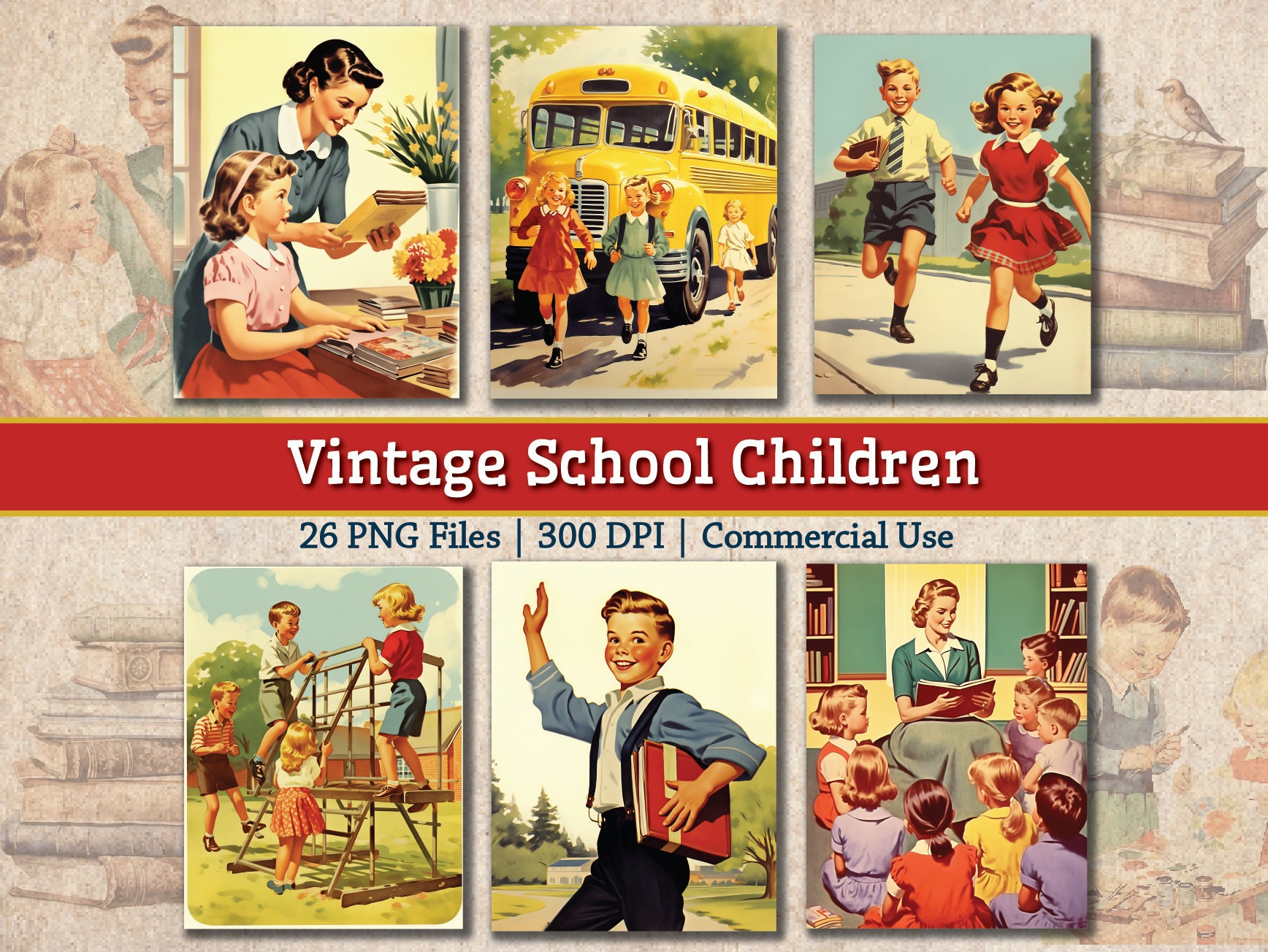 Vintage School Children 1950s Image Bundle, Printable Retro Clipart, Back to School PNG, Students and Teachers Images, Junk Journal Collage